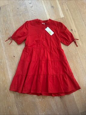 Girls' Red Tiered Short-Sleeve Cotton Dress with Pintuck Front